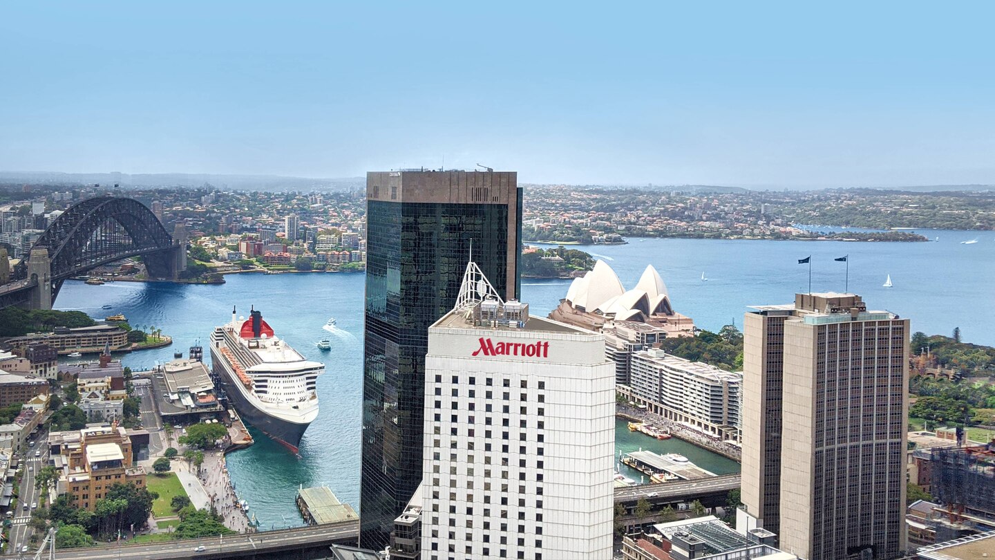 SHM hero shot with harbour. Rooftop of Mariott.